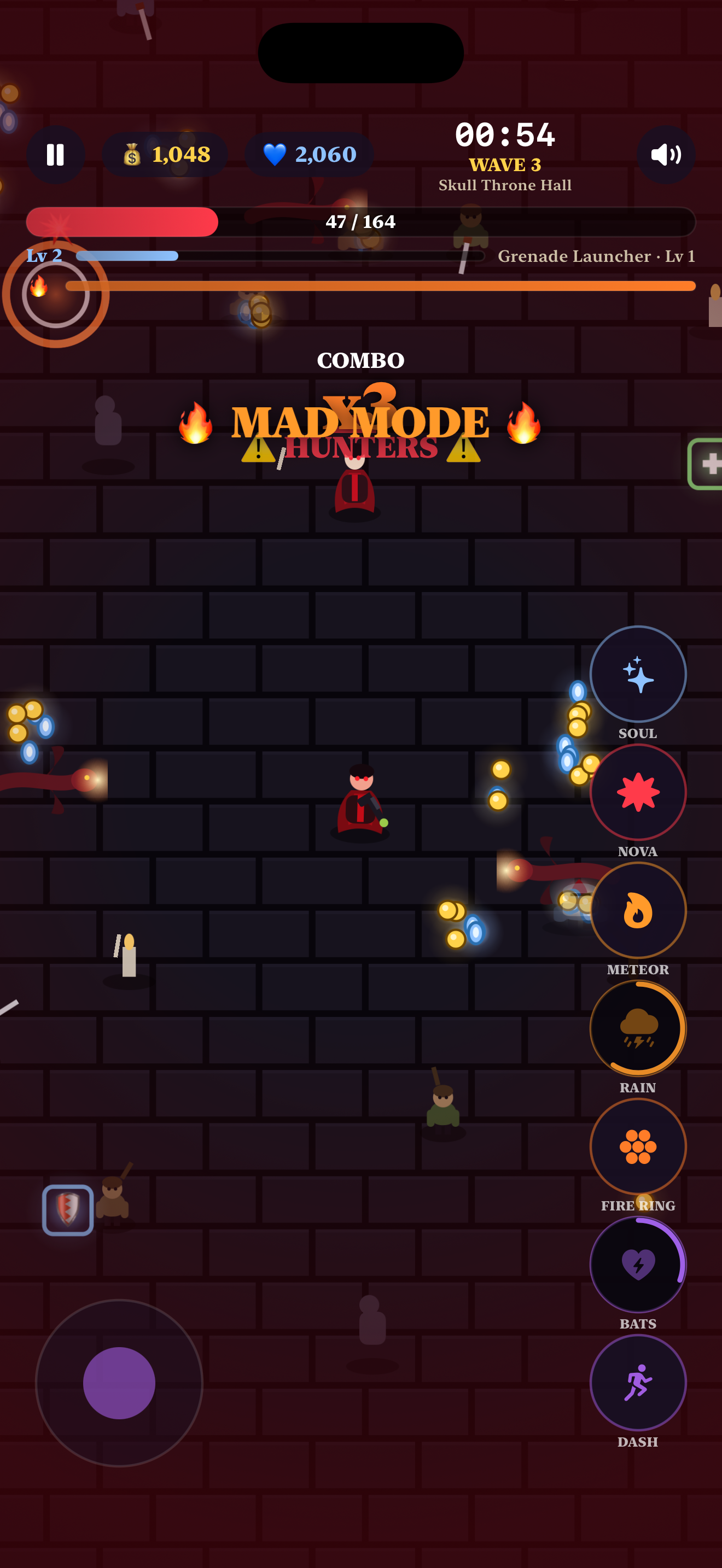 Auto-attacking the horde and chaining combos in Vampire Survival